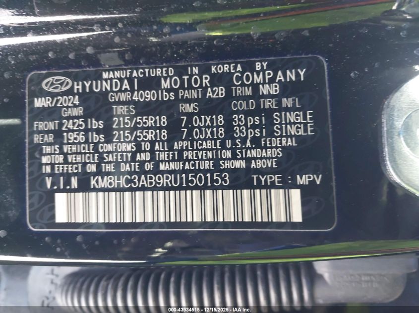 2024 Hyundai Kona Sel VIN: KM8HC3AB9RU150153 Lot: 43934515