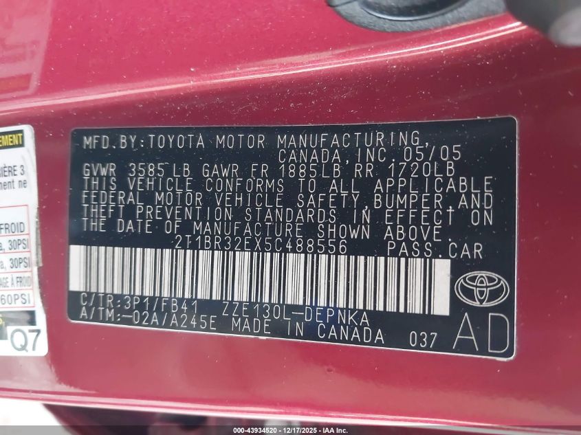 2005 Toyota Corolla Le VIN: 2T1BR32EX5C488556 Lot: 43934520