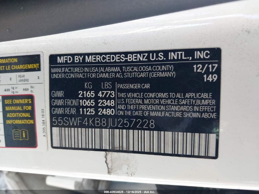 2018 Mercedes-Benz C 300 4Matic VIN: 55SWF4KB8JU257228 Lot: 43934525