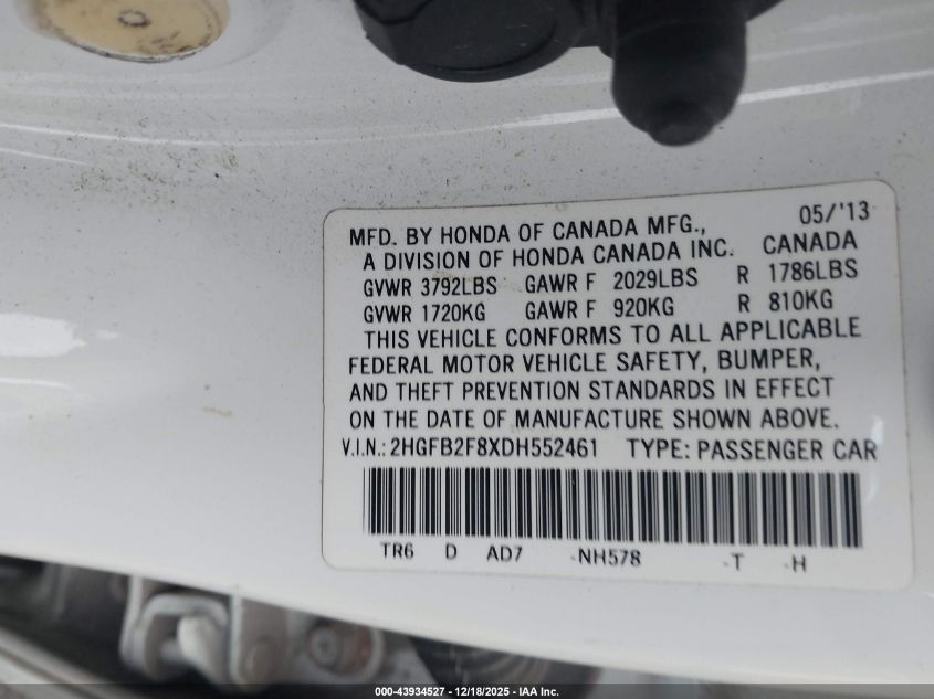 2013 Honda Civic Ex VIN: 2HGFB2F8XDH552461 Lot: 43934527