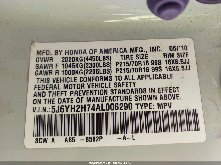 2010 Honda Element Ex VIN: 5J6YH2H74AL006290 Lot: 43934529