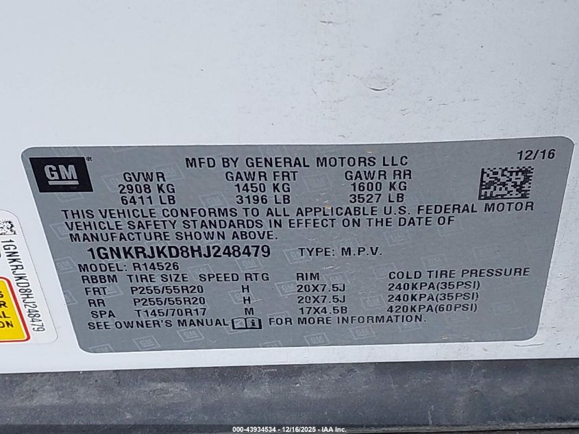 2017 Chevrolet Traverse Premier VIN: 1GNKRJKD8HJ248479 Lot: 43934534