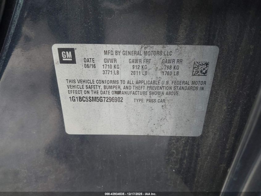 2016 Chevrolet Cruze Ls Auto VIN: 1G1BC5SM5G7296902 Lot: 43934535