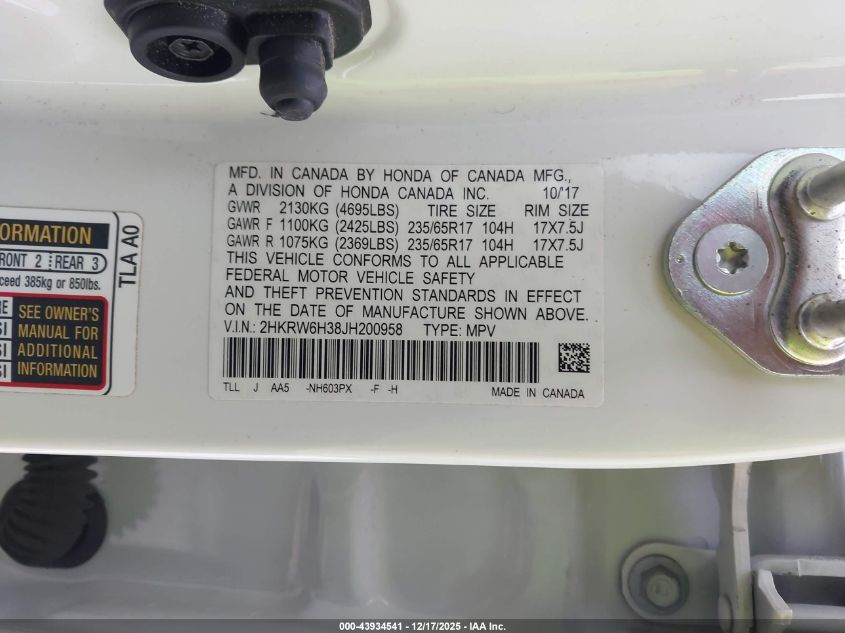 2018 Honda Cr-V Lx VIN: 2HKRW6H38JH200958 Lot: 43934541