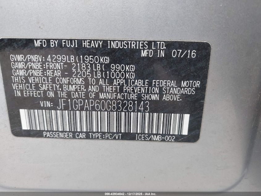 2016 Subaru Impreza 2.0I Sport Premium VIN: JF1GPAP60G8328143 Lot: 43934542