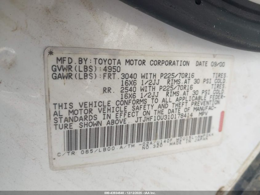 2001 Lexus Rx 300 VIN: JTJHF10U310178414 Lot: 43934548