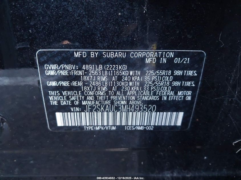 2021 Subaru Forester Limited VIN: JF2SKAUC3MH493520 Lot: 43934552