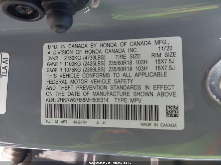 2021 Honda Cr-V Awd Ex VIN: 2HKRW2H58MH605314 Lot: 43934553