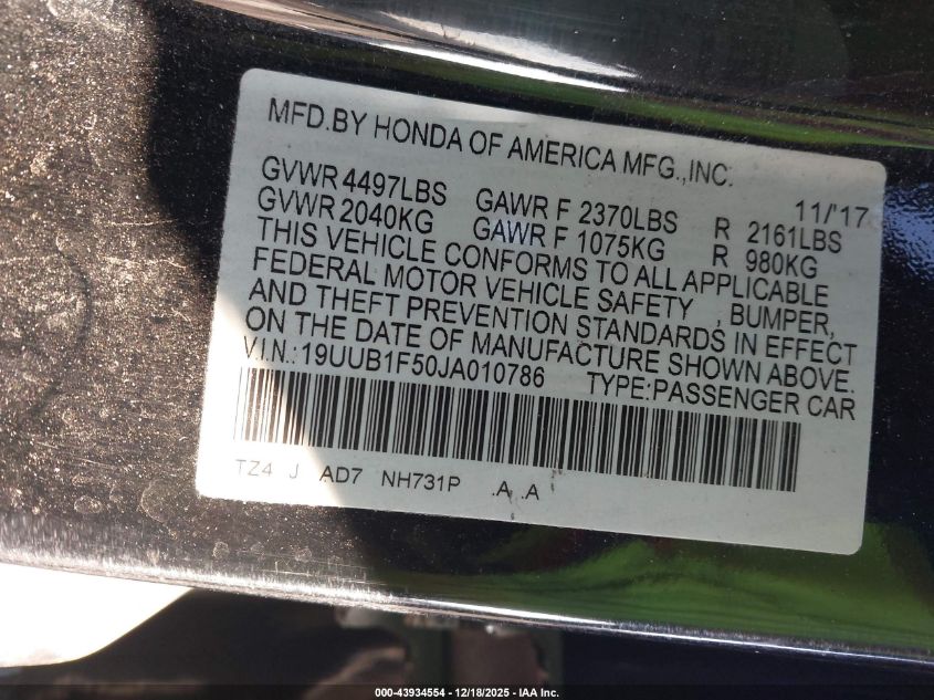 2018 Acura Tlx Tech Pkg VIN: 19UUB1F50JA010786 Lot: 43934554