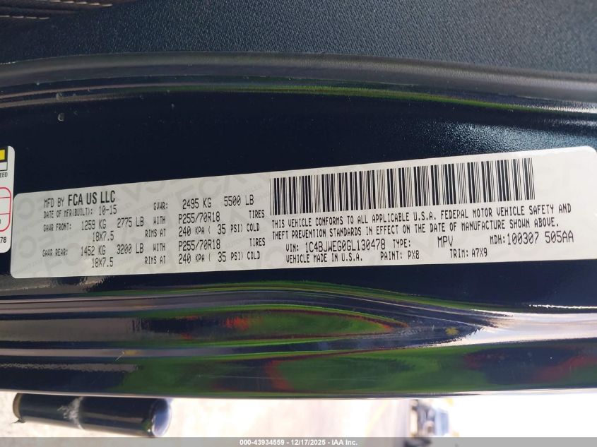 2016 Jeep Wrangler Unlimited Sahara VIN: 1C4BJWEG0GL130478 Lot: 43934559