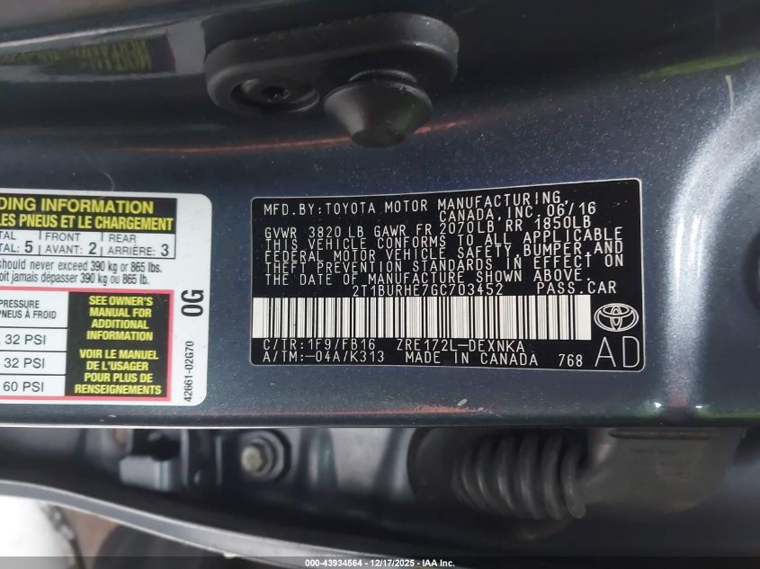 2016 Toyota Corolla Le VIN: 2T1BURHE7GC703452 Lot: 43934564