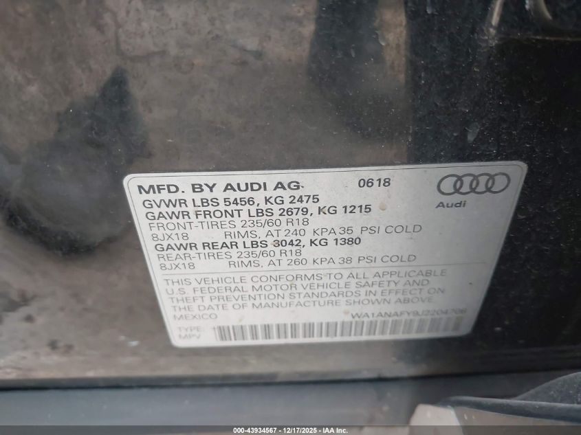 2018 Audi Q5 2.0T Premium/2.0T Tech Premium VIN: WA1ANAFY9J2204708 Lot: 43934567