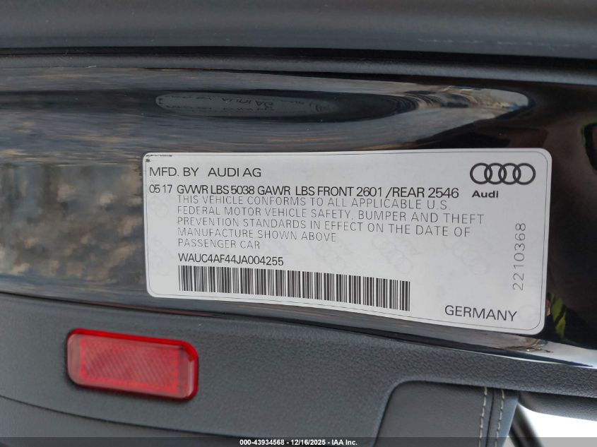 2018 Audi S4 3.0T Premium Plus VIN: WAUC4AF44JA004255 Lot: 43934568
