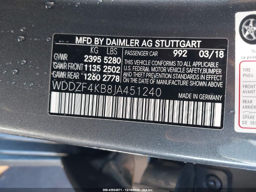 2018 Mercedes-Benz E 300 4Matic VIN: WDDZF4KB8JA451240 Lot: 43934571