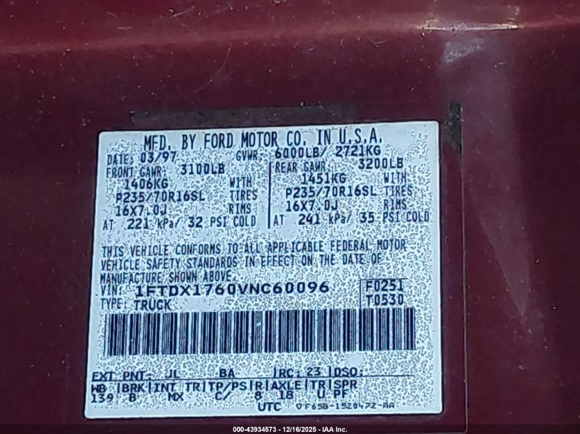 1997 Ford F-150 Lariat/Standard/Xl/Xlt VIN: 1FTDX1760VNC60096 Lot: 43934573