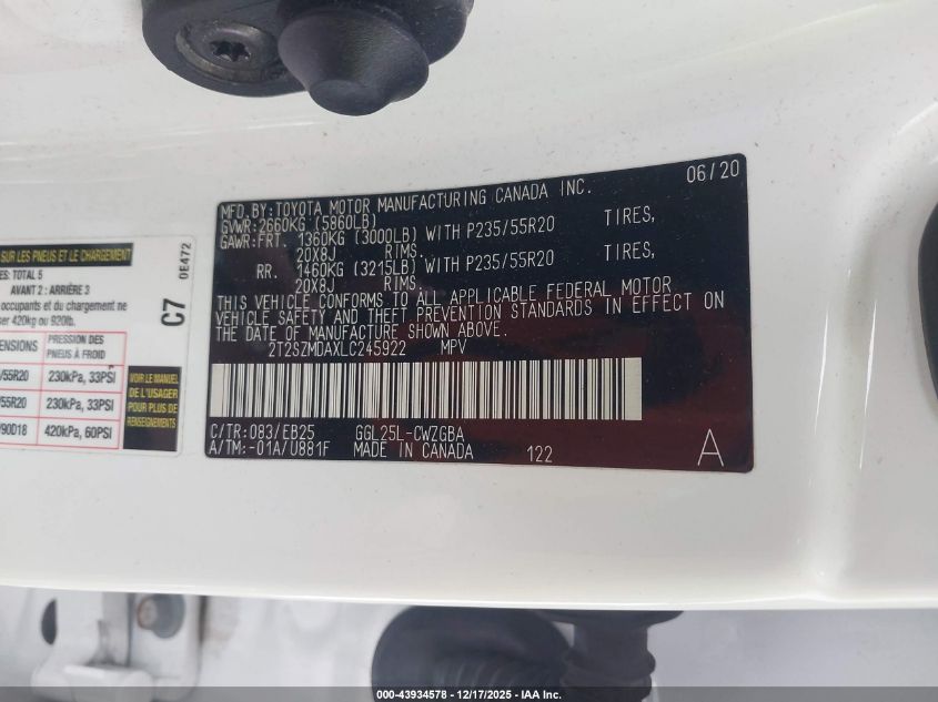 2020 Lexus Rx 350 F Sport VIN: 2T2SZMDAXLC245922 Lot: 43934578