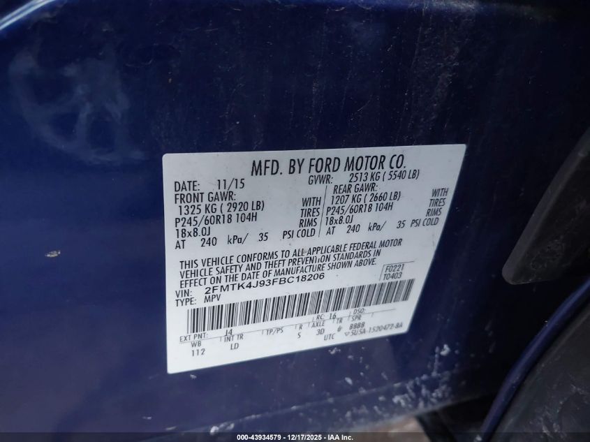 2015 Ford Edge Sel VIN: 2FMTK4J93FBC18206 Lot: 43934579