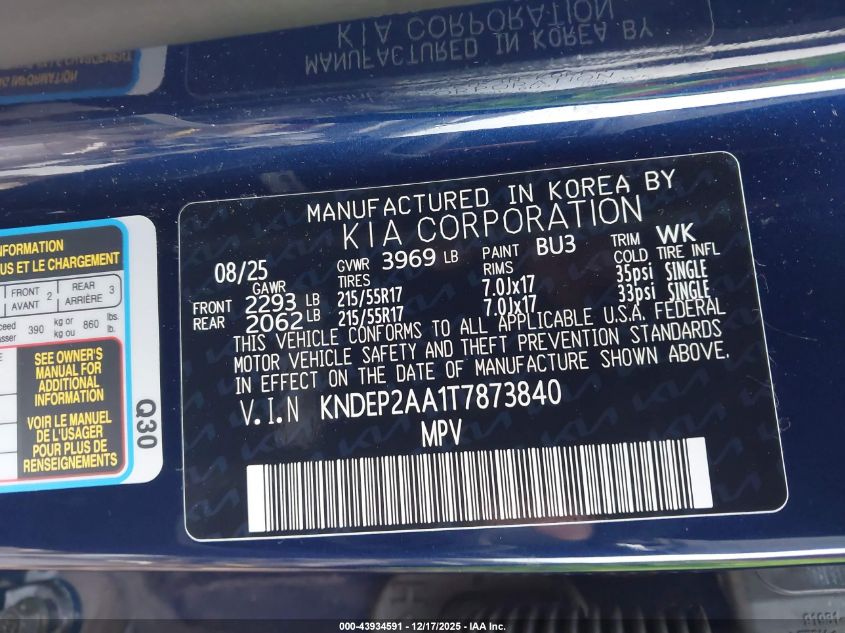 2026 Kia Seltos Lx VIN: KNDEP2AA1T7873840 Lot: 43934591