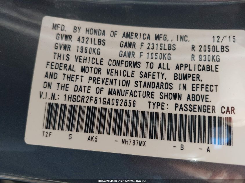 2016 Honda Accord Ex-L VIN: 1HGCR2F81GA092656 Lot: 43934593