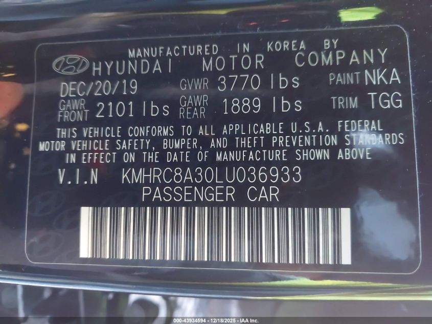 2020 Hyundai Venue Sel VIN: KMHRC8A30LU036933 Lot: 43934594