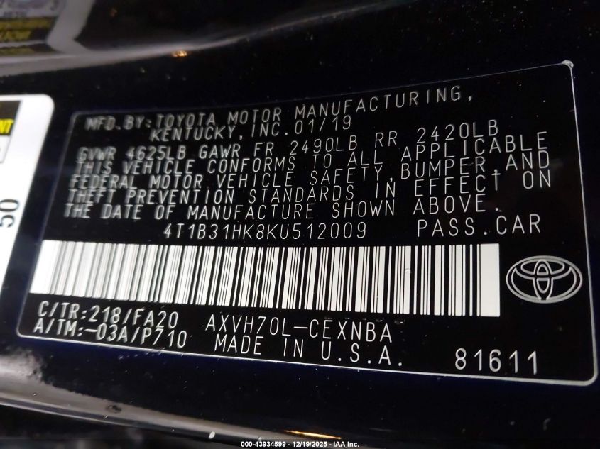 2019 Toyota Camry Hybrid Le VIN: 4T1B31HK8KU512009 Lot: 43934599