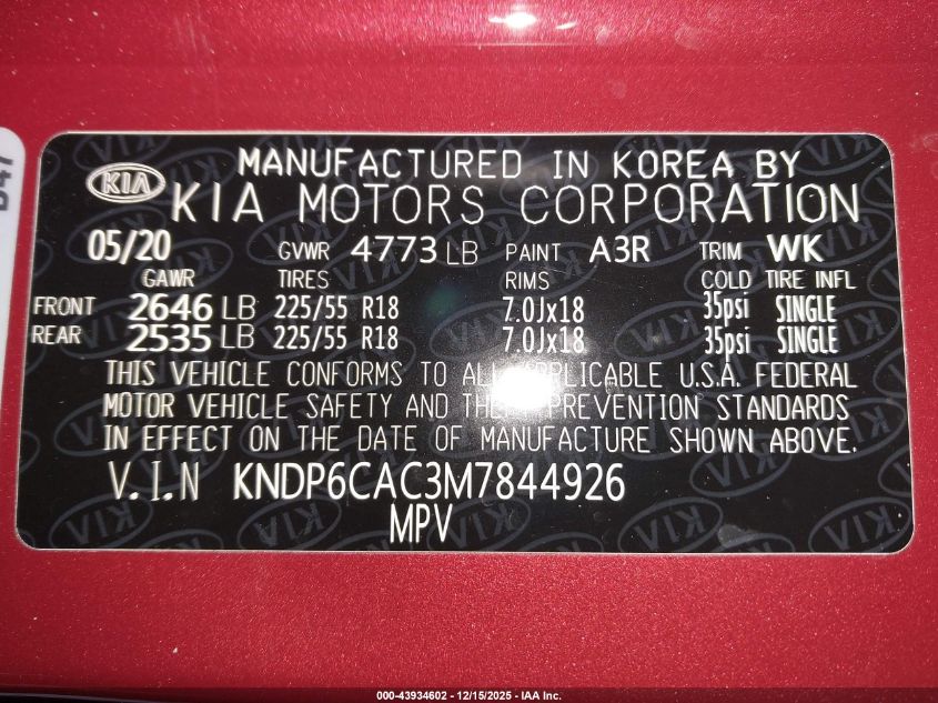 2021 Kia Sportage S VIN: KNDP6CAC3M7844926 Lot: 43934602