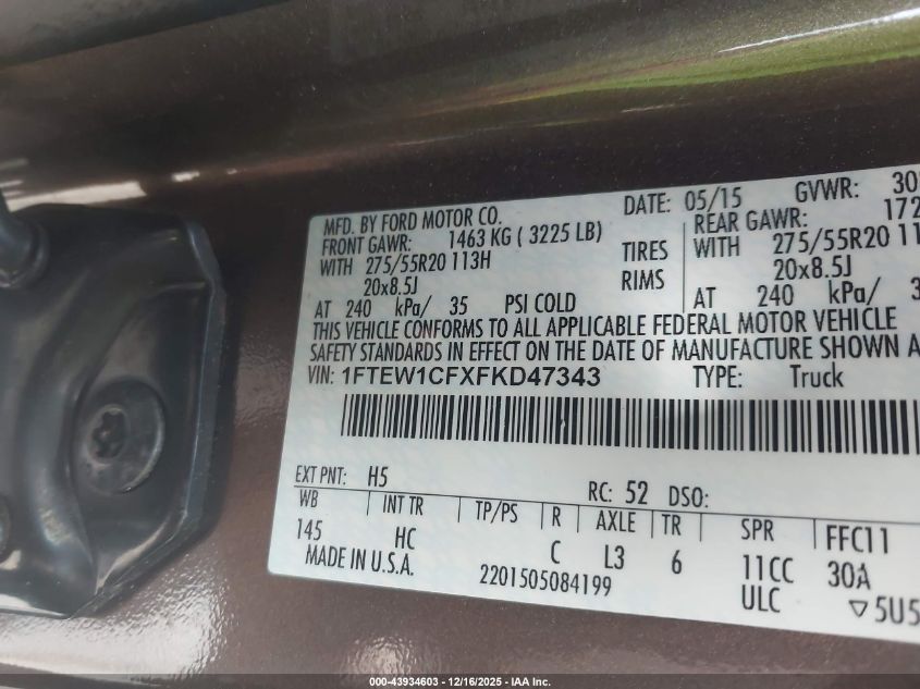 2015 Ford F-150 Lariat VIN: 1FTEW1CFXFKD47343 Lot: 43934603