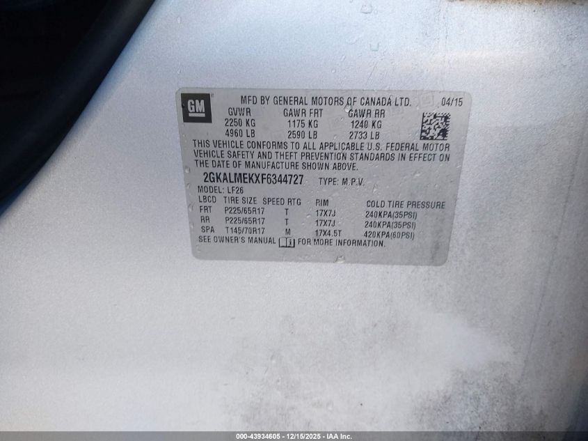 2015 GMC Terrain Sle-1 VIN: 2GKALMEKXF6344727 Lot: 43934605