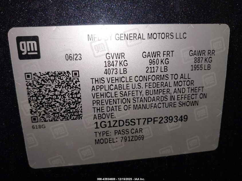2023 Chevrolet Malibu Fwd 1Lt VIN: 1G1ZD5ST7PF239349 Lot: 43934608