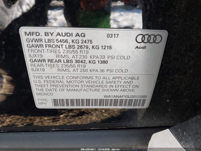 2018 Audi Q5 2.0T Premium/2.0T Tech Premium VIN: WA1ANAFY0J2012089 Lot: 43934611