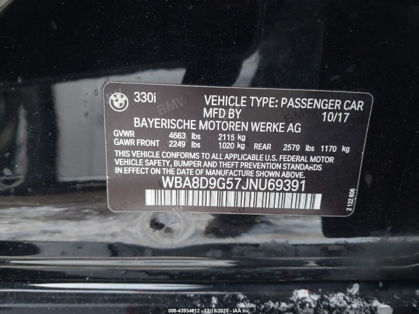2018 BMW 330I xDrive VIN: WBA8D9G57JNU69391 Lot: 43934612