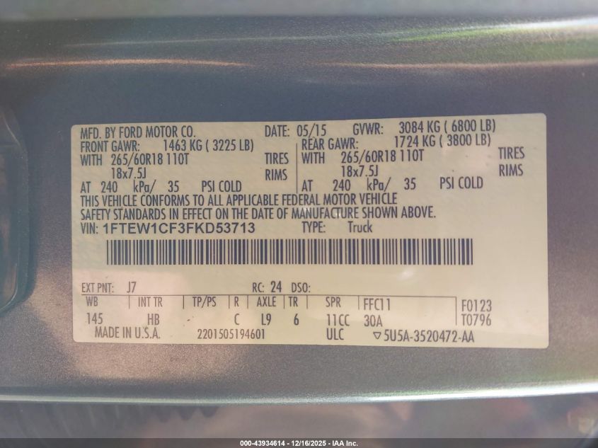 2015 Ford F-150 Lariat VIN: 1FTEW1CF3FKD53713 Lot: 43934614