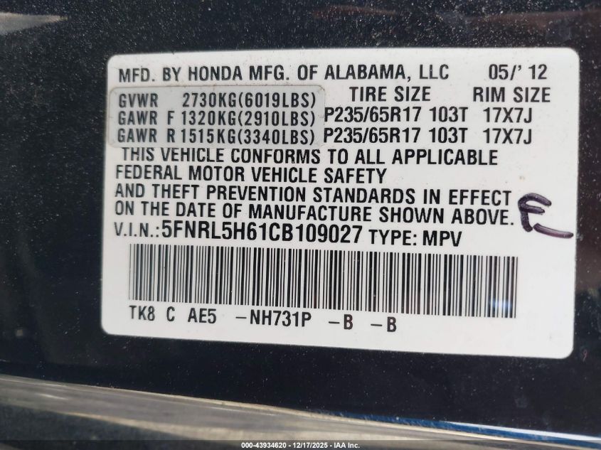 2012 Honda Odyssey Ex-L VIN: 5FNRL5H61CB109027 Lot: 43934620