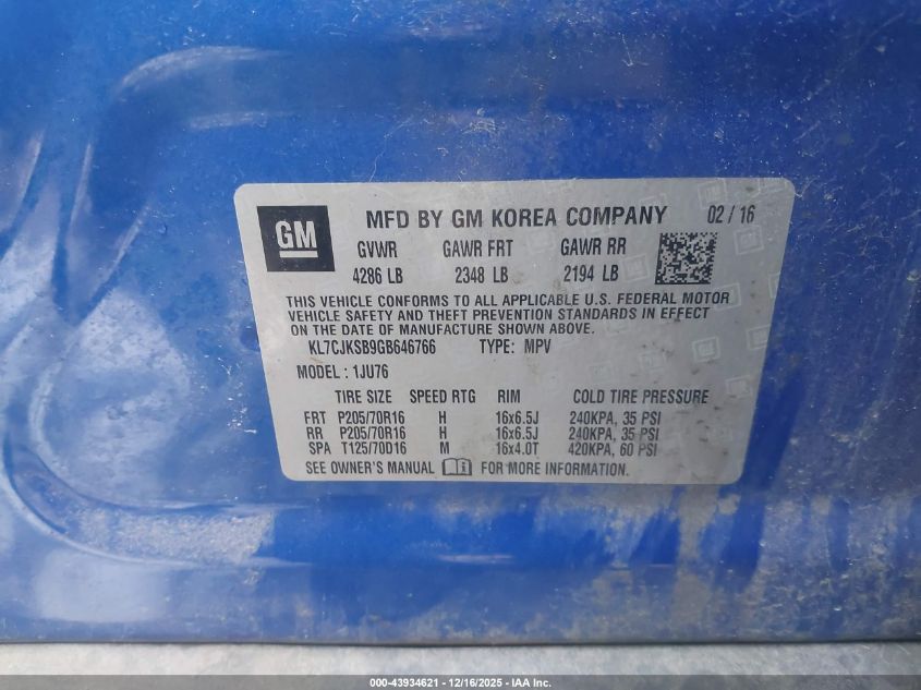 2016 Chevrolet Trax 1Ls VIN: KL7CJKSB9GB646766 Lot: 43934621