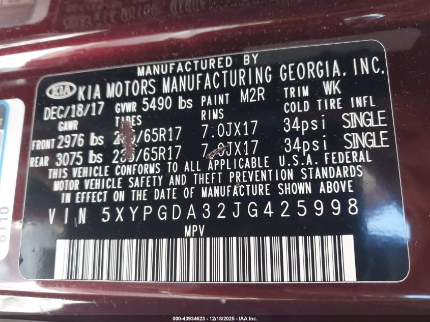 2018 Kia Sorento 2.4L Lx VIN: 5XYPGDA32JG425998 Lot: 43934623