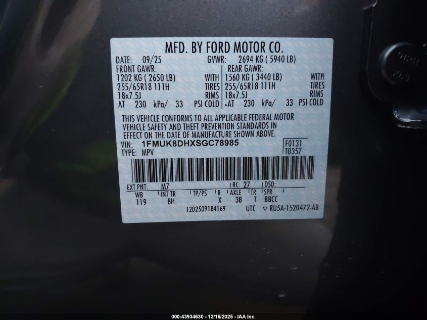 2025 Ford Explorer Active VIN: 1FMUK8DHXSGC78985 Lot: 43934630