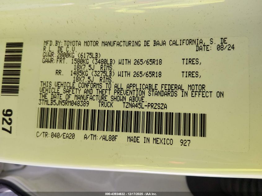 2024 Toyota Tacoma Trd Sport VIN: 3TMLB5JN5RM048389 Lot: 43934632