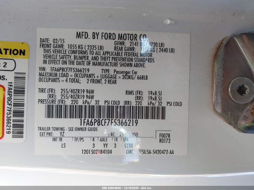 2015 Ford Mustang Gt Premium VIN: 1FA6P8CF7F5366219 Lot: 43934640