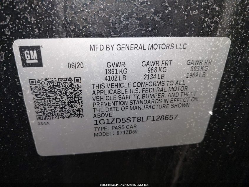 2020 Chevrolet Malibu Fwd Lt VIN: 1G1ZD5ST8LF128657 Lot: 43934641