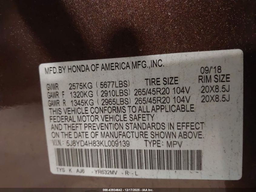 2019 Acura Mdx Advance Pkg VIN: 5J8YD4H83KL009139 Lot: 43934642