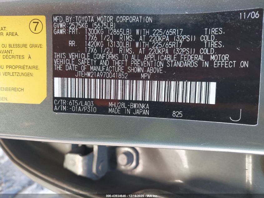 2007 Toyota Highlander Hybrid Limited V6 VIN: JTEHW21A970041852 Lot: 43934646