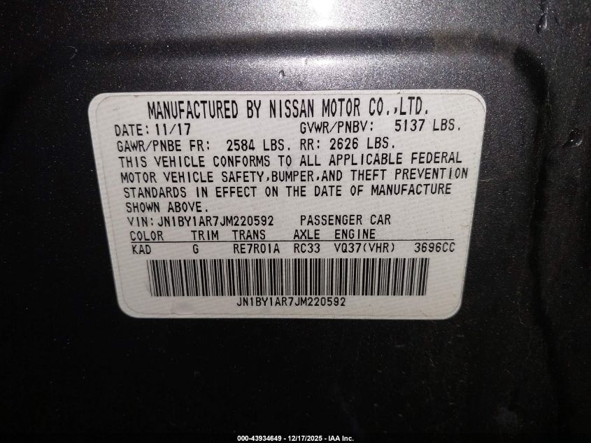 2018 Infiniti Q70 3.7X Luxe VIN: JN1BY1AR7JM220592 Lot: 43934649