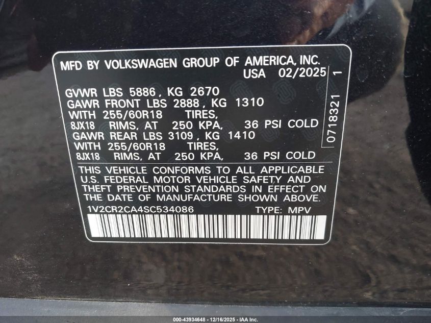 2025 Volkswagen Atlas 2.0T Peak Edition VIN: 1V2CR2CA4SC534086 Lot: 43934648