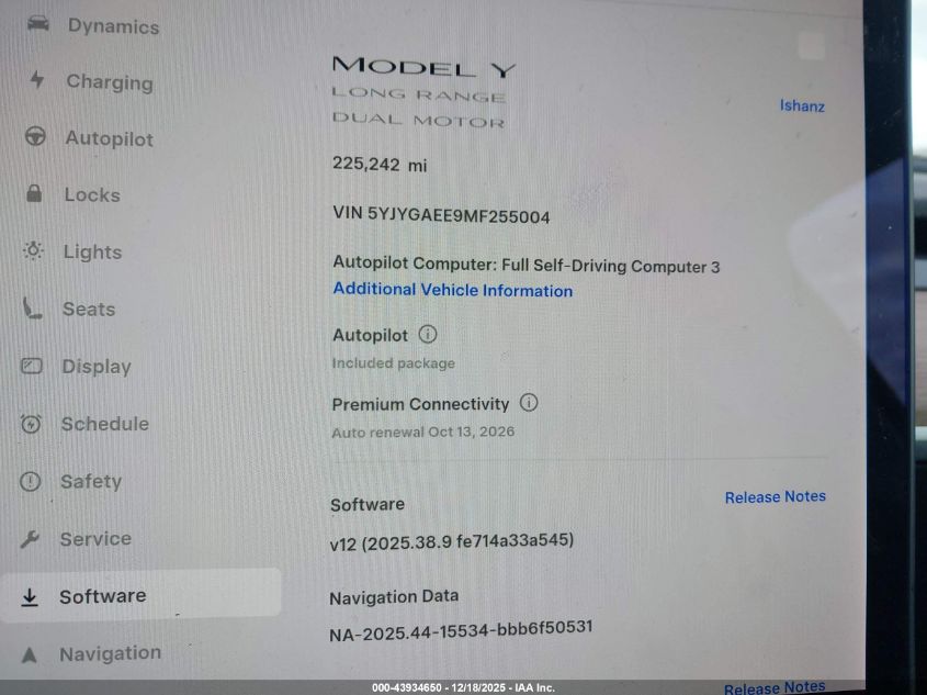 2021 Tesla Model Y Long Range Dual Motor All-Wheel Drive VIN: 5YJYGAEE9MF255004 Lot: 43934650