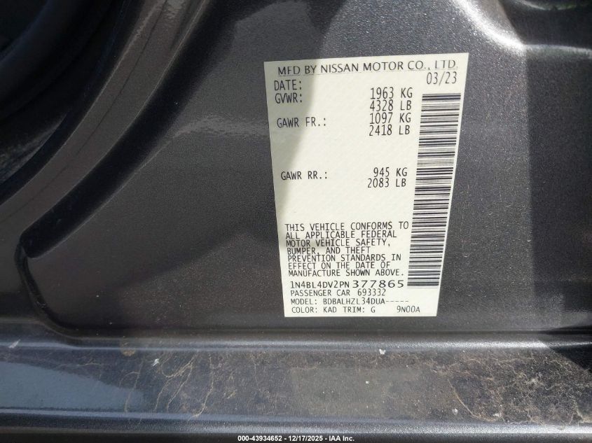 2023 Nissan Altima Sv Fwd VIN: 1N4BL4DV2PN377865 Lot: 43934652