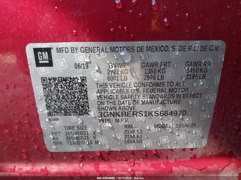 2019 Chevrolet Blazer Rs VIN: 3GNKBERS1KS684970 Lot: 43934656