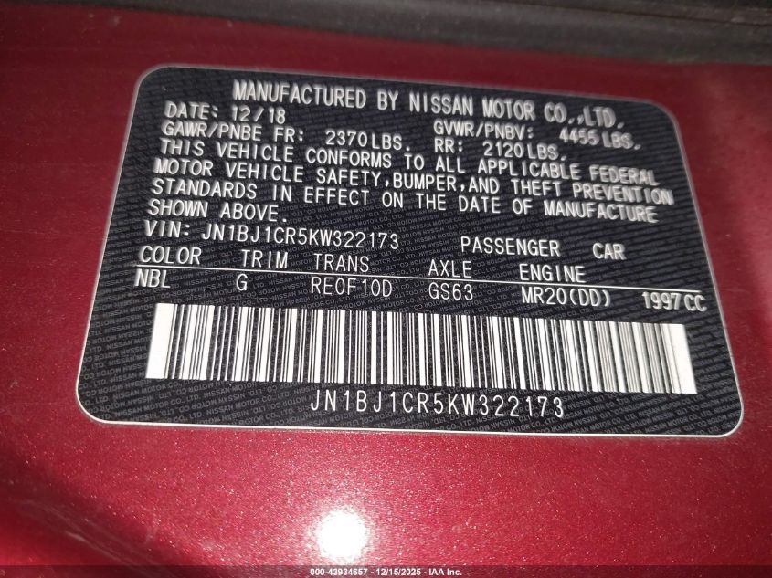2019 Nissan Rogue Sport Sv VIN: JN1BJ1CR5KW322173 Lot: 43934657