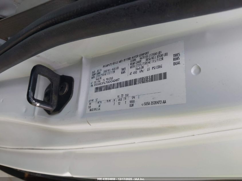 2016 Ford E-350 Cutaway VIN: 1FDWE3FL7GDC42457 Lot: 43934658