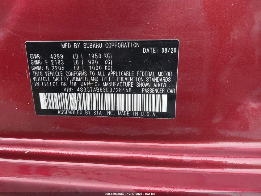 2020 Subaru Impreza 5-Door VIN: 4S3GTAB63L3728458 Lot: 43934660