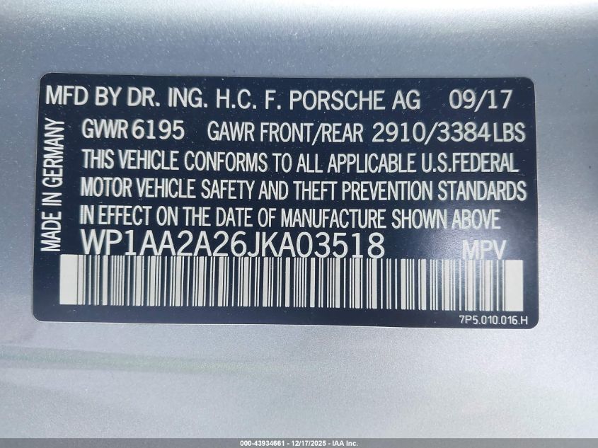 2018 Porsche Cayenne Platinum Edition VIN: WP1AA2A26JKA03518 Lot: 43934661